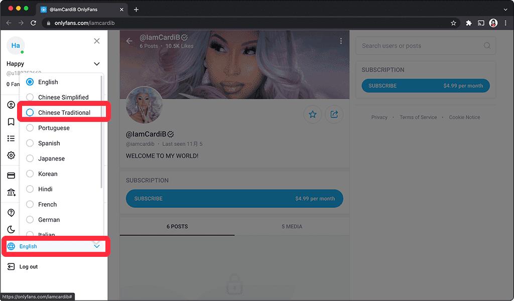 OnlyFans 改为中文版（电脑）：改为 Chinese