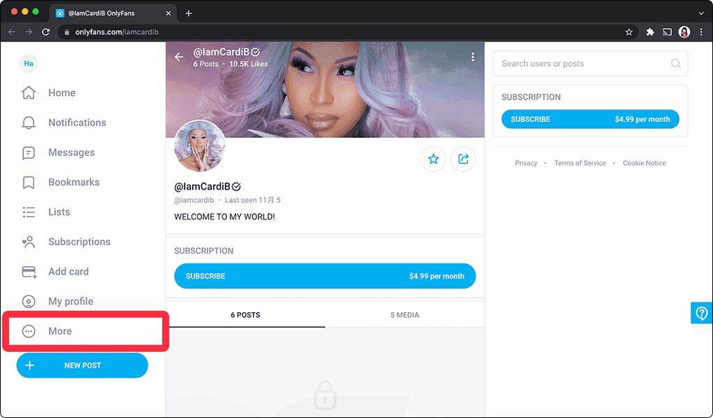 OnlyFans 改为中文版（电脑）：按 More